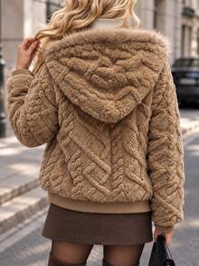 Cévolie Women's Elegant Autumn/Winter Commuter Coat With Double-Sided Fleece Jacquard Fabric And Fur Trim - Brown - View 2