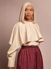 Vixey French Style Double Layer Cape Shawl Blouse For Women, Design Round Neck Loose Batwing Sleeve Draped Commuter Top - Apricot - View 5