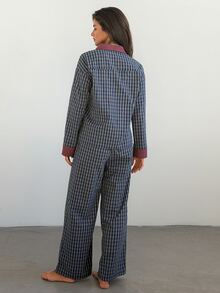 DAZY Women's Plaid Single-Breasted Long Sleeve Top And Pants Pajama Set - Blue - View 2