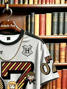 Manfinity HARRY POTTER X SHEIN 男士角色與數字圖案印花T恤，對比色圓領短袖上衣，適合休閒日常穿著、街頭風與校園穿搭 - 彩色 - 查看 4