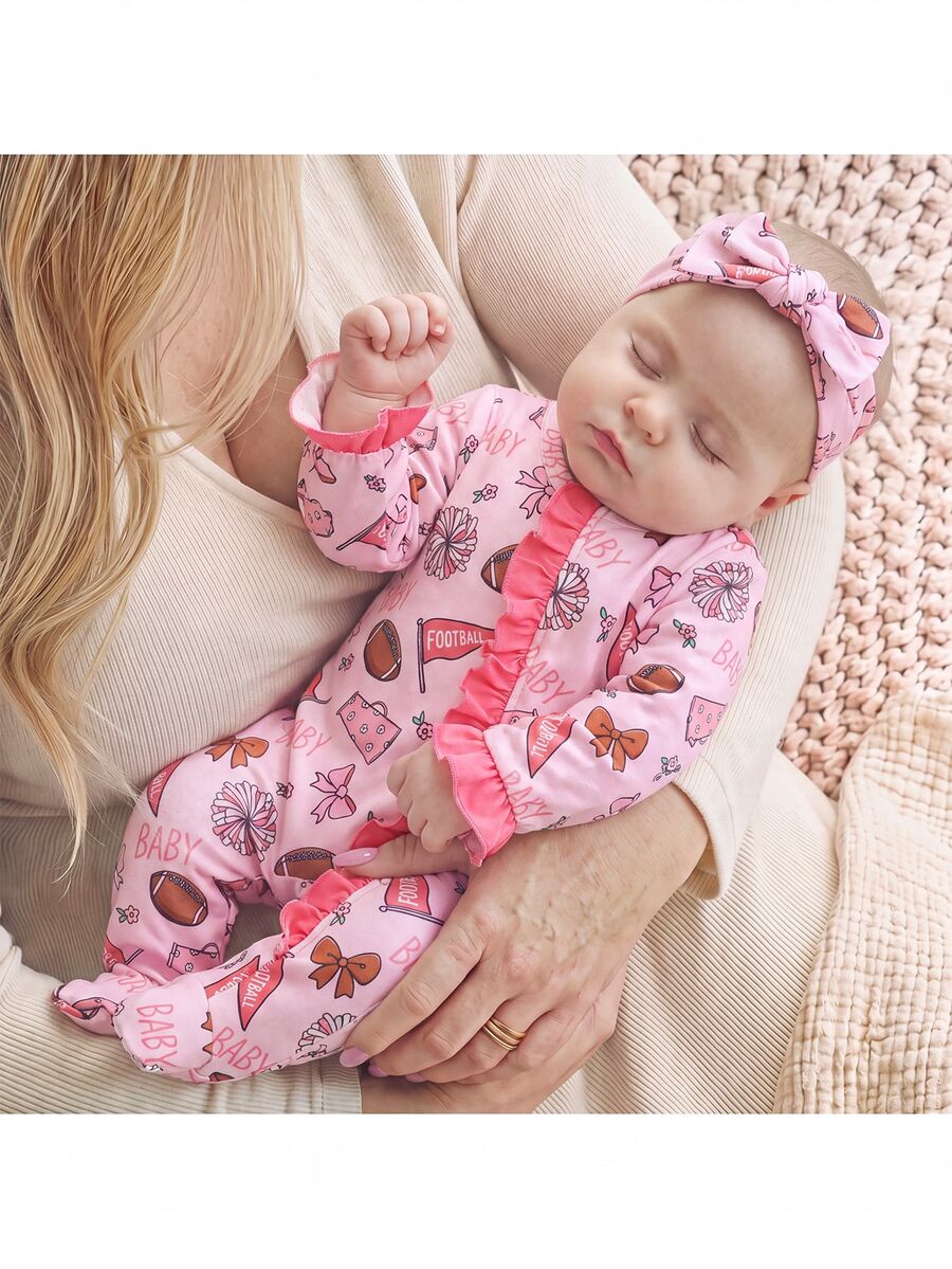 SHEIN Newborn Baby Cute Knitted Casual Cartoon Pattern Romper & Headband Set - Pink - View 1