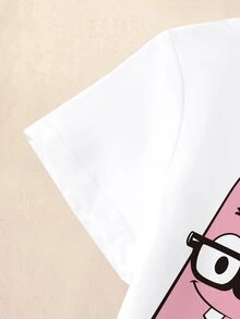 SpongeBob SquarePants | SHEIN 少女卡通圖案印花圓領T恤，適合日常穿著 - 白色 - 查看 4
