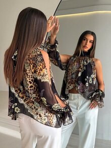 Aloruh Boho Stand Collar Tie Long Sleeve Flared Asymmetrical Hem Chiffon Printed Women's Blouse - Multicolor - View 7