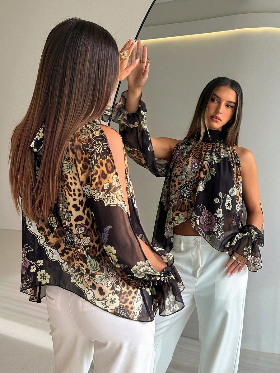 Aloruh Boho Stand Collar Tie Long Sleeve Flared Asymmetrical Hem Chiffon Printed Women's Blouse