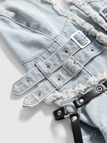 ROMWE Grunge Punk Denim Patchwork Plaid Asymmetrical Hem Halter Neck Frayed Edge Denim Dress - Blue - View 4