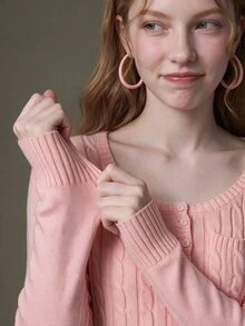 Elnivra Women's Button Half-Placket Long Sleeve Pocket Cable Knit Pullover Sweater - Pink - View 7