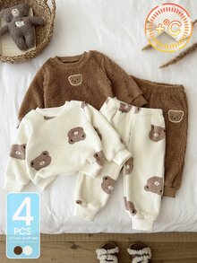 SHEIN Playful Pals 4件組 幼兒男童運動衫+長褲 可愛甜美棕色米色泰迪絨 熊刺繡印花 長袖圓領 加厚 冬季保暖 假日派對穿搭 - 棕色 - 查看 3