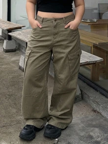 Dazy Plus Solid Color Loose Cargo Pants Casual Street Straight Leg Army Green All Season New Style Denim Jeans - Army Green - View 3