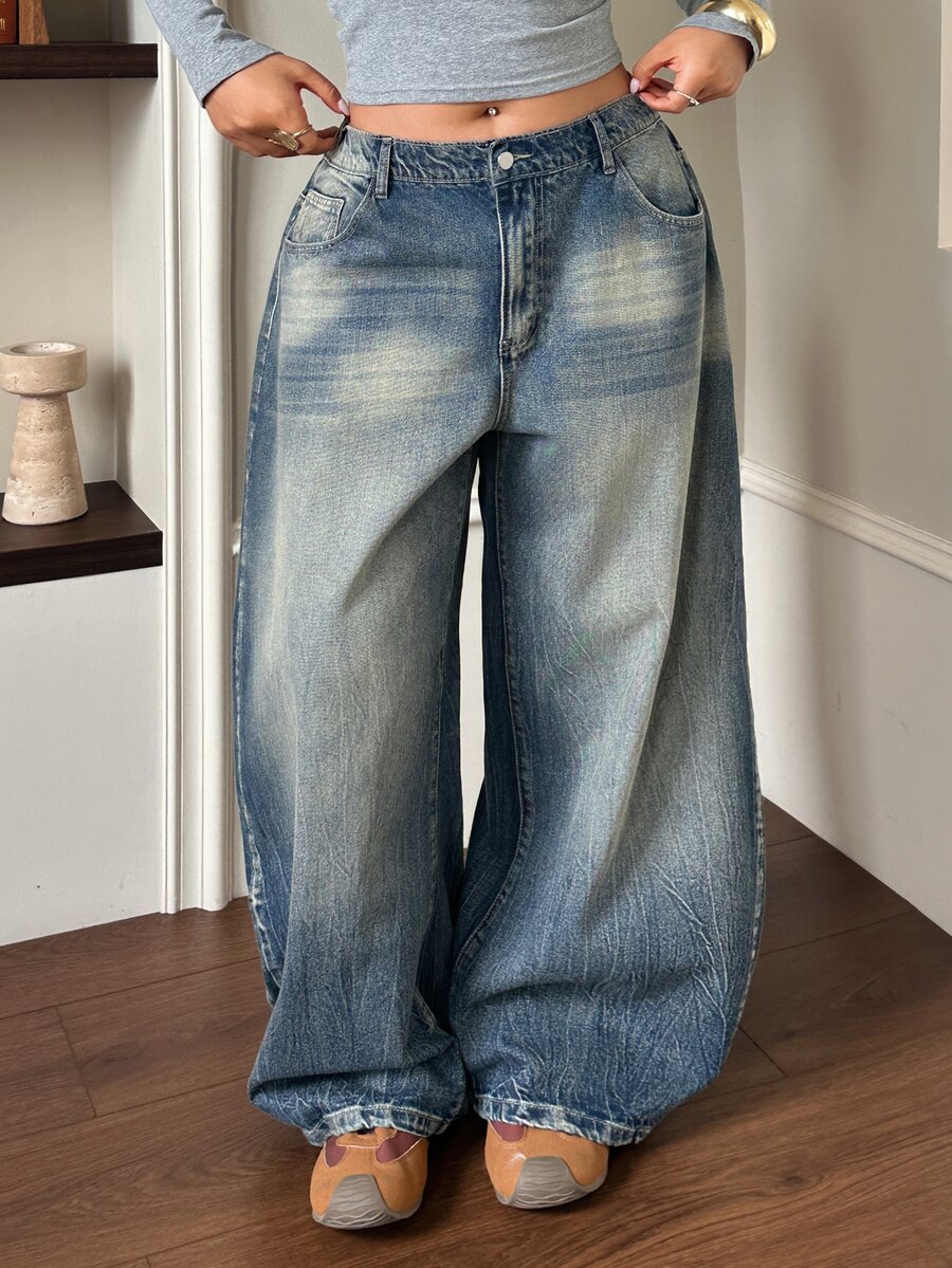 Dazy Plus Street Casual Distressed Vintage Washed Low Waist Blogger Style Long Denim Jeans Spring Autumn New - Blue - View 1