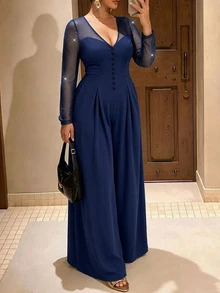 Cravure Plus Size Glitter Mesh Long Sleeve Jumpsuit, Elegant V‑Neck Wide Leg Knit Party Jumpsuit - Navy Blue - View 1