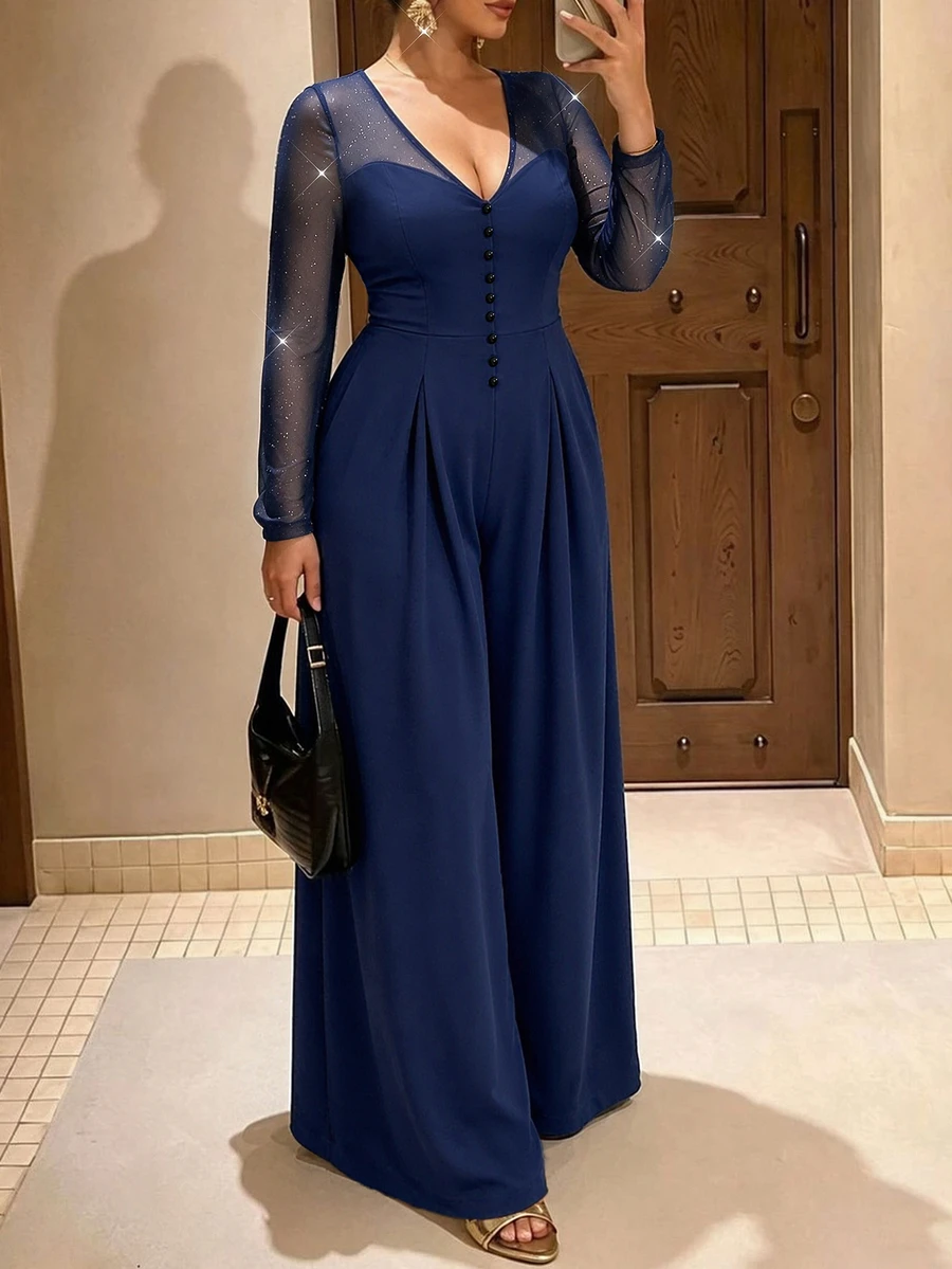 Cravure Plus Size Glitter Mesh Long Sleeve Jumpsuit, Elegant V‑Neck Wide Leg Knit Party Jumpsuit - Navy Blue - View 1