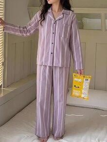 DAZY 青少年女孩秋季服裝 女孩 (大號) 圓領針織印花短袖T恤 + 格紋睡褲家居服套裝 - 淡紫色 - 查看 5