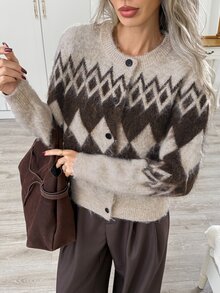 Easowa Casual Vintage Dark Academia Relaxed Elegant Commuter Old Money Style, Women's Round Neck Button-Front Fair Isle Pattern Cardigan Sweater, Fall Brown - Multicolor - View 1