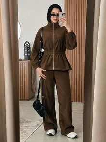 Solavon Women's Solid Color Long Sleeve Zip-Up Jacket And Pants Casual 2 Pieces Set - Brown - View 1
