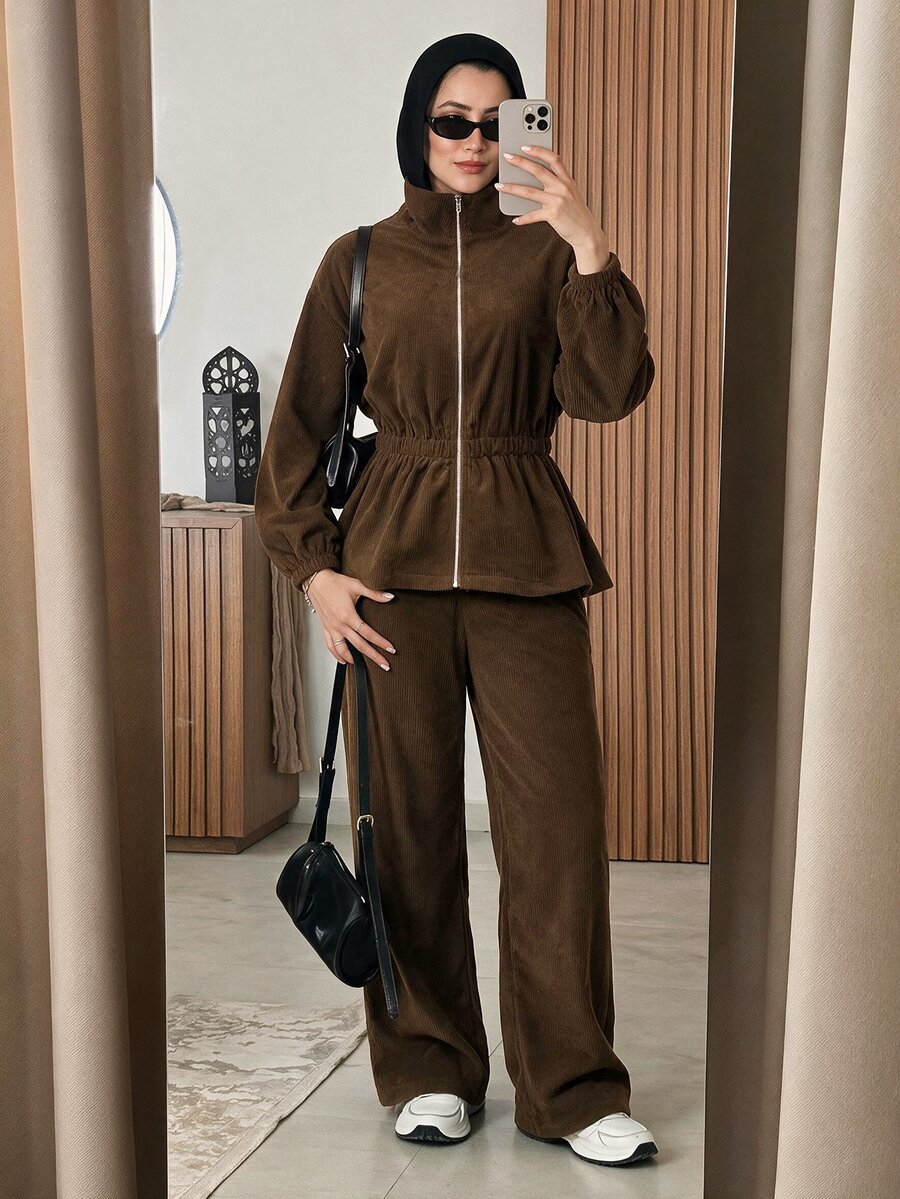 Solavon Women's Solid Color Long Sleeve Zip-Up Jacket And Pants Casual 2 Pieces Set - Brown - View 1
