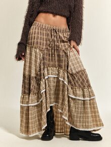 SHEIN Women's Autumn/Winter Bohemian Casual Asymmetrical Plaid Patchwork Voluminous Ruffle Hem Midi Skirt - Brown - View 3