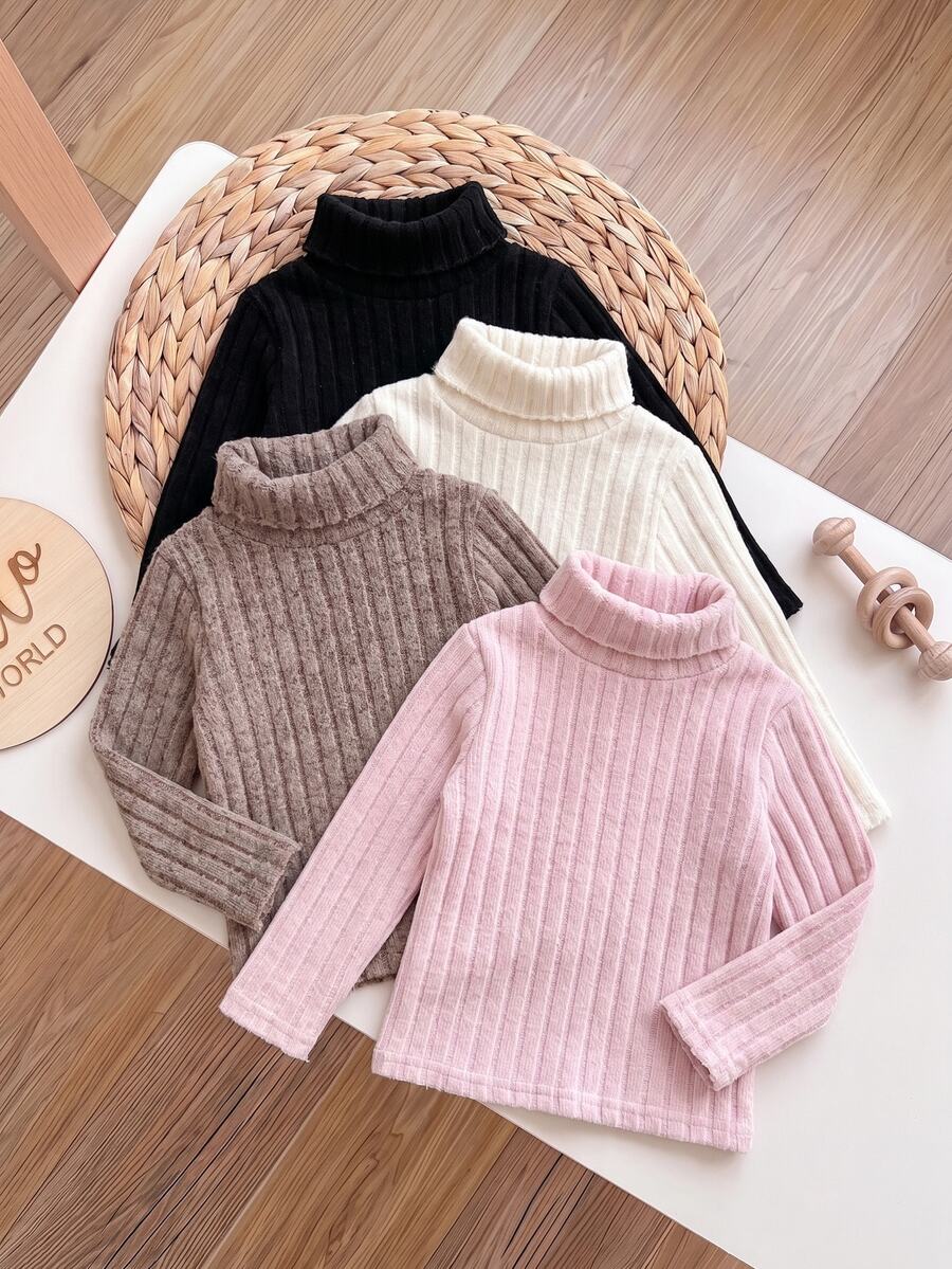 SHEIN 4件組女嬰刷毛彈性羅紋高領長袖基礎套頭上衣,適合冬季 - 彩色 - 查看 1