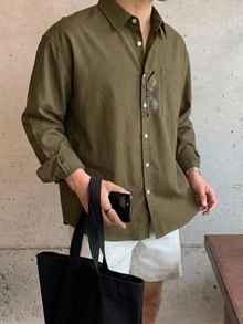 DAZY 春秋軍綠色長袖純色通勤男士襯衫 - 軍綠色 - 查看 4