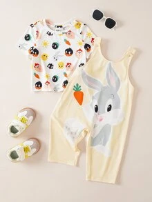 LOONEY TUNES X SHEIN Baby Boy Cartoon Print Short Sleeve T-Shirt And Romper Set - Apricot - View 3