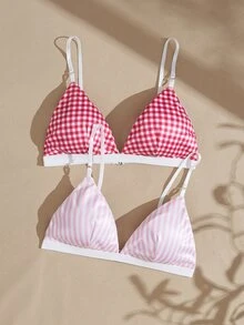 Lullawish Young Casual Contrast Color Plaid & Striped Contrast Lace 2 Pieces Women's Bra Set - Multicolor - View 6