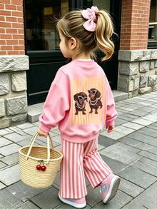 SHEIN Playful Pals 女嬰 2 件組秋季套裝 卡通狗狗印花圓領衛衣與條紋長褲 可愛休閒嬰兒服 - 彩色 - 查看 4
