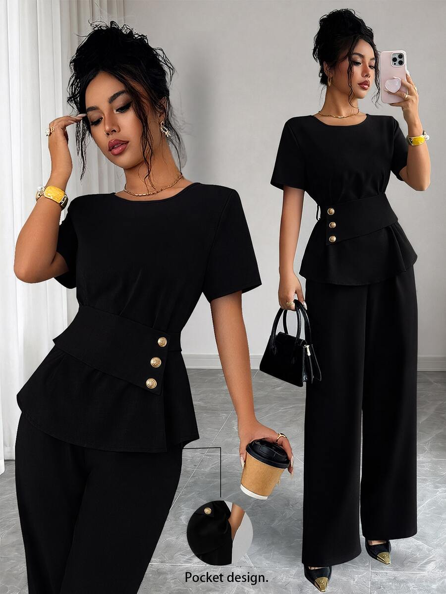 Selianne Ladies' Summer Commuter Set, Waist Cinching Button-Up Top + Elastic Waist Wide-Leg Pants, Commuter Office Green Belt Pocket Two Pieces Set - Black - View 1