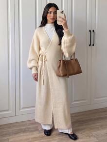 Omancia Cardigan Sweater Wanita Vintage dengan Tali Pengikat dan Warna Polos - Aprikot - View 4