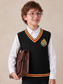 PrepCrw HARRY POTTER X SHEIN 兒童青少年男孩V領撞色學院風刺繡針織背心，秋季萬聖節 針織上衣，秋冬 2026 - 黑色 - 查看 1