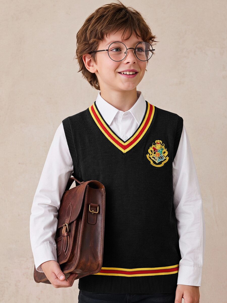 PrepCrw HARRY POTTER X SHEIN 兒童青少年男孩V領撞色學院風刺繡針織背心,秋季萬聖節 針織上衣,秋冬 2026 - 黑色 - 查看 1