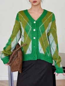 Dazy-Less Women's Olive Green Round Neck Button Cable Knit Long Sleeve Fitted Ribbed Cardigan, Fall/ Brunch Casual Preppy - Green - View 9
