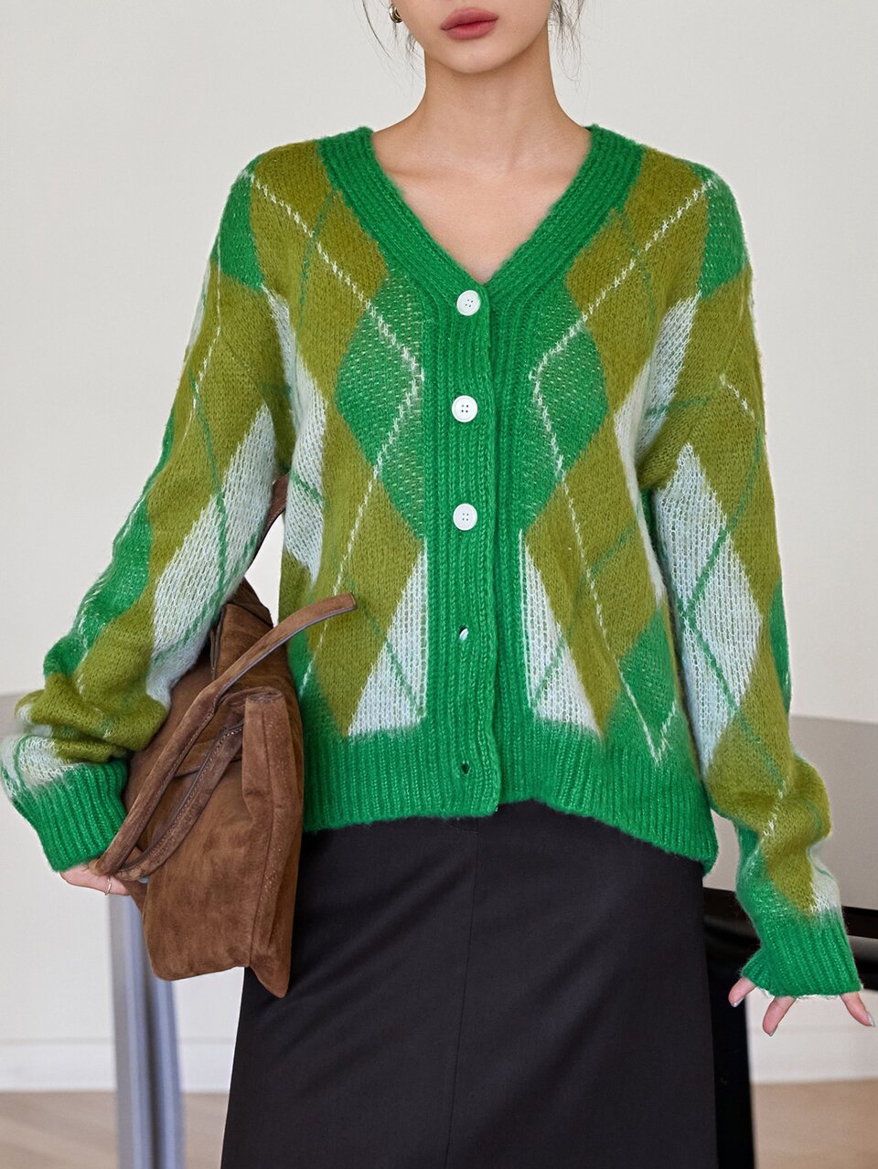 Women's Diamond Lattice Long Sleeve Single-Breasted Casual Knit Cardigan