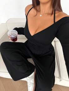 SHEIN Tall CURVE Plus Size Women's Solid Color Cold Shoulder Ruched Wide Leg Casual Jumpsuit, Tall & Extra Long - Black - View 4