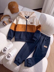SHEIN Playful Pals 2件組幼童男童連帽外套＋長褲，學院風海軍藍與薑黃奶油色拼接，羅紋飾邊長袖連帽常規款，秋季校園慢跑舒適運動套裝 - 彩色 - 查看 3
