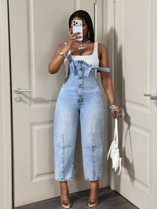 SHEIN PETITE Women's Outdoor Fashion All-Season Versatile Utility Pocket Blue Petite Denim Overalls - Light Wash - View 8