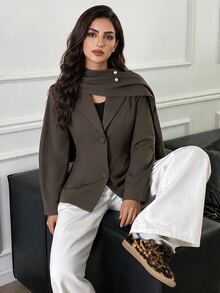 Veilorie Women's Solid Color Lapel Neck Long Sleeve Single-Breasted Casual Blazer - Coffee Brown - View 5