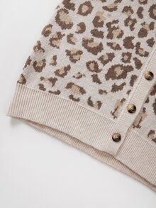 SHEIN Women V-Neck Leopard Print Knit Cardigan, Long Sleeve Button Front Drop Shoulder Loose Knit Jacket - Multicolor - View 5