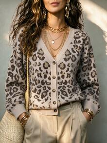 SHEIN Women V-Neck Leopard Print Knit Cardigan, Long Sleeve Button Front Drop Shoulder Loose Knit Jacket - Multicolor - View 7