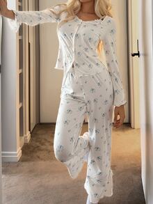 DAZY Women's All-Over Print Long Sleeve Top And Pants Casual Daily Home Sleepwear Set - White - View 6