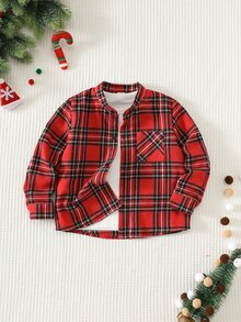 SHEIN Young Boy Young Boy Kids Autumn/Winter Thick Red Plaid Collared Long Sleeve Shirt, Suitable For Christmas And New Year - Multicolor - View 8