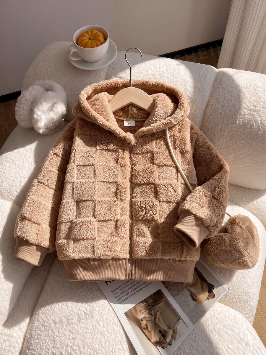 Elladie kids 女童春夏/秋冬毛絨連帽外套,格紋紋理抓絨拉鍊外套,搭配同款愛心造型斜挎包,可愛休閒外套,適合女童日常出遊、家庭旅行與拍照 - 卡其色 - 查看 1