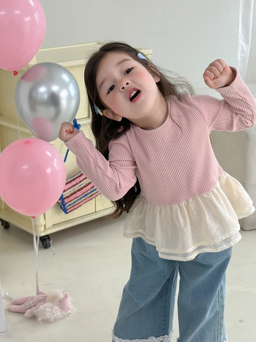 DAZY Baby Girl Round Neck Long Sleeve Ruffle Hem Casual Top - Pink - View 1