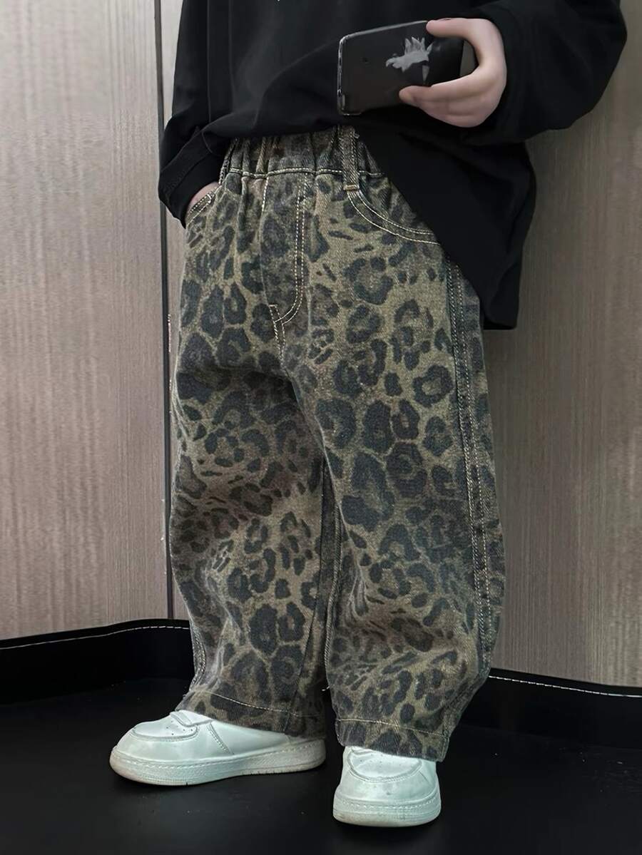 SHEIN 1件男童休閒運動可愛日常舒適街頭風百搭印花直筒長褲,適合外出、上學、日常聚會,春秋秋冬開學穿搭,秋季穿搭 - 彩色 - 查看 1