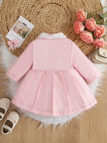 SHEIN 幼女可愛甜美粉色毛絨領結前襟百褶長袖翻領厚絨內裡冬季公主保暖夾克外套 - 粉色 - 查看 3