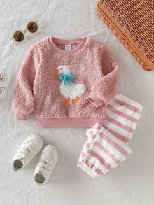SHEIN 女嬰卡通鴨圖案人造毛厚款圓領長袖套頭運動衫與鬆緊腰收口長褲2件套，舒適百搭時尚日常可愛休閒簡約百搭風 - 彩色 - 查看 7