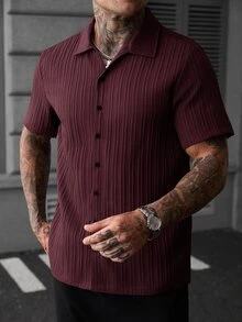Manfinity CasualCool 男士休閒純色棕色短袖單排扣襯衫，街頭風，夏季 - 酒紅色 - 查看 4