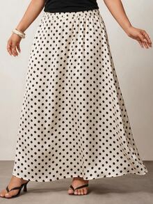 Enliva Plus Size Satin Polka Dot A Line Maxi Skirt Apple - Beige - View 3