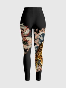 ROMWE Goth Women's Floral Print Casual Daily Wear Tight Leggings - Black - View 2