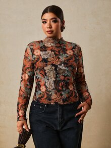 Travachic 大尺碼女款浪漫花卉印花長袖上衣 - 彩色 - 查看 6