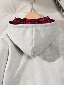 青少年女孩休閒拉鍊連帽外套 灰色運動衫 紅色蝴蝶結刺繡 格紋內裡帽 秋冬開學穿搭外套 - 彩色 - 查看 4
