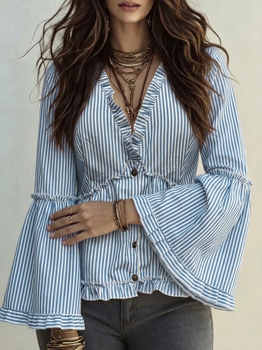 Linhara CURVE LUMIGAL Women's V-Neck Striped Pleated Casual Versatile Everyday Outing Blouse - Blue and White - View 1